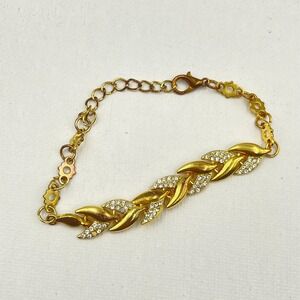 Vintage Y2K Gold Tone Leaf Link Chain Bracelet Clear Rhinestone Fashion Jewelry